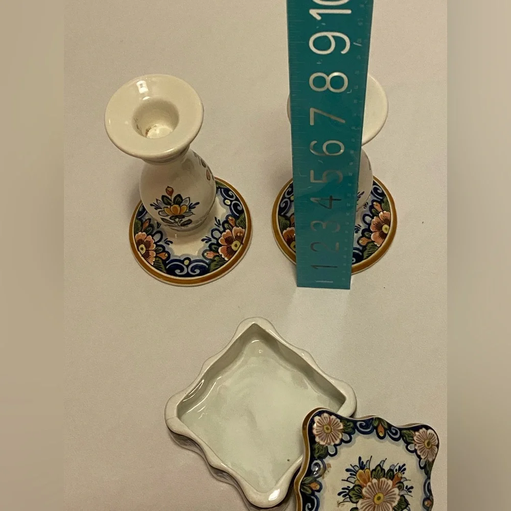 DELFT Pottery Floral Ceramic Candle Holders and Box Set